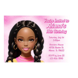Personalized Black African American Doll Birthday Invitations Printable