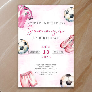 Girl Pink Custom soccer Birthday Invitations Printable